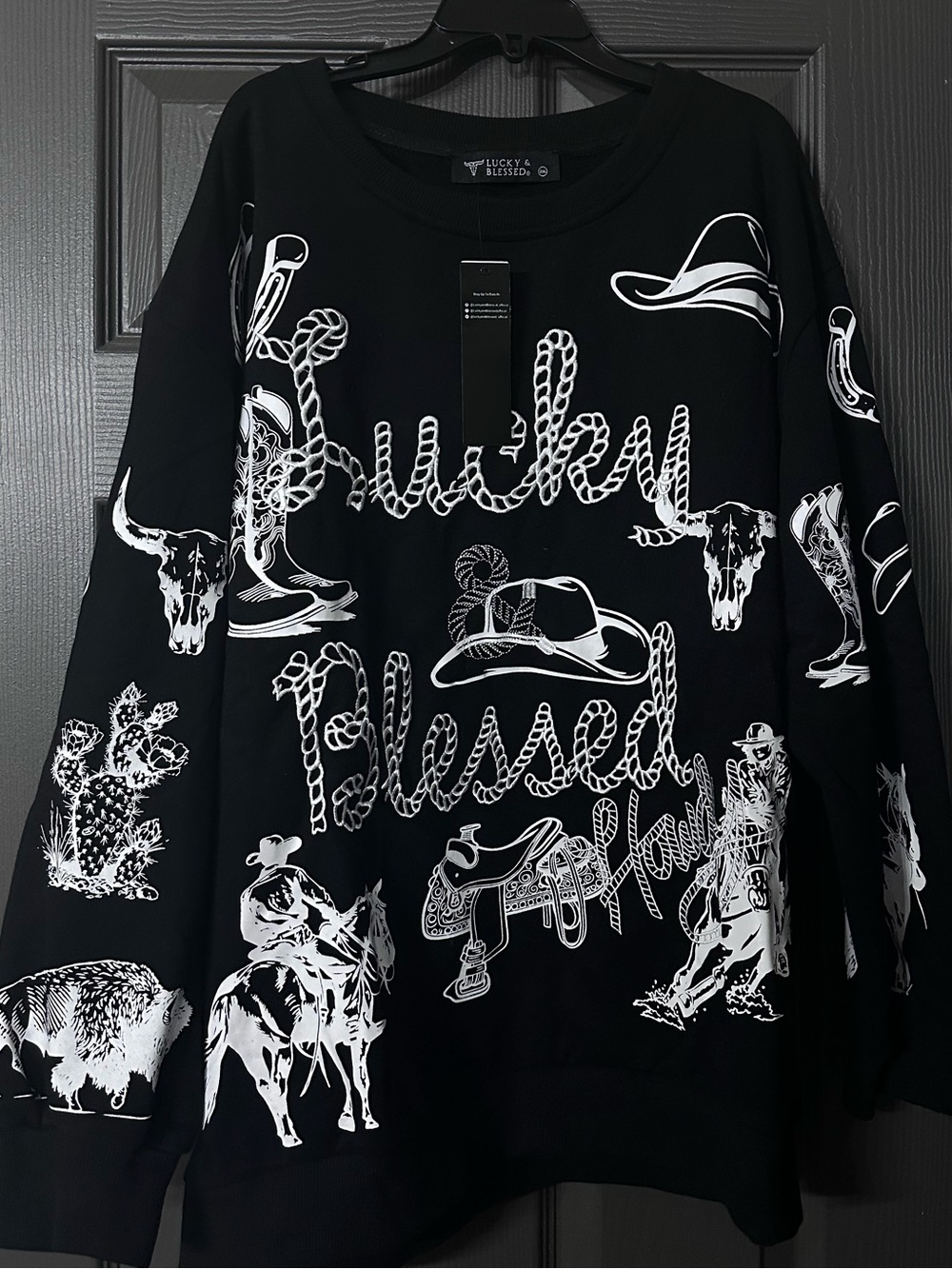 3XL Lucky & Blessed Black Crewneck Sweater with White Western Graphics